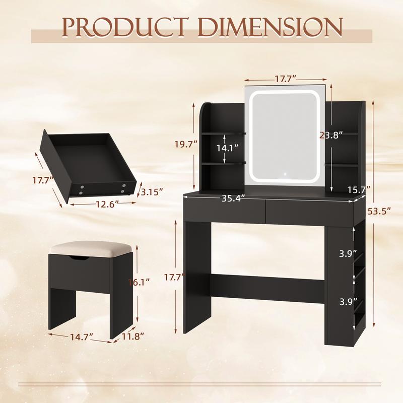 FURMAX Vanity Desk with Mirror and LED Lights, Makeup Vanity Table with 3 Lighting Color, Adjustable Brightness, Vanity Table with 2 Drawers, Side Storage, for Bedroom