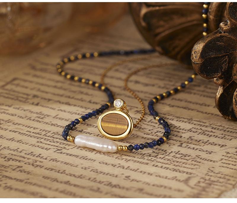 18K Gold Plated Tiger Eye Stone Necklace 925 Sterling Silver Lapis Lazuli Beaded Collar Chain Daily Wear Festival Gift Jewelry