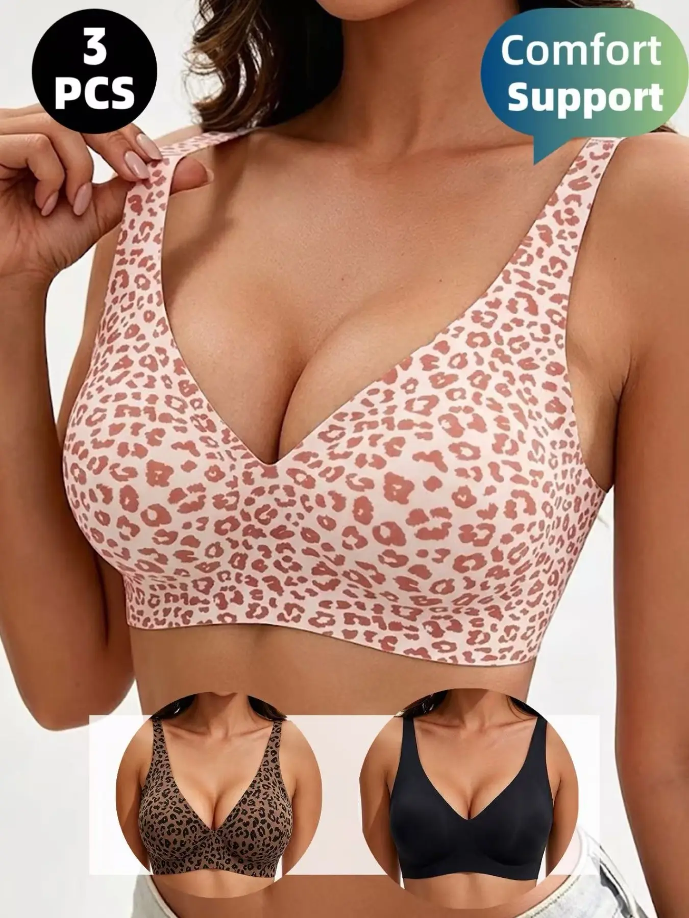 3-Pack Thin Jelly Mesh Leopard Bra Set, Push-Up Full Coverage Bras, V-Neck Seamless Lingerie, Adjustable Straps, Breathable Sporty Design, Adjustable Sports Bras