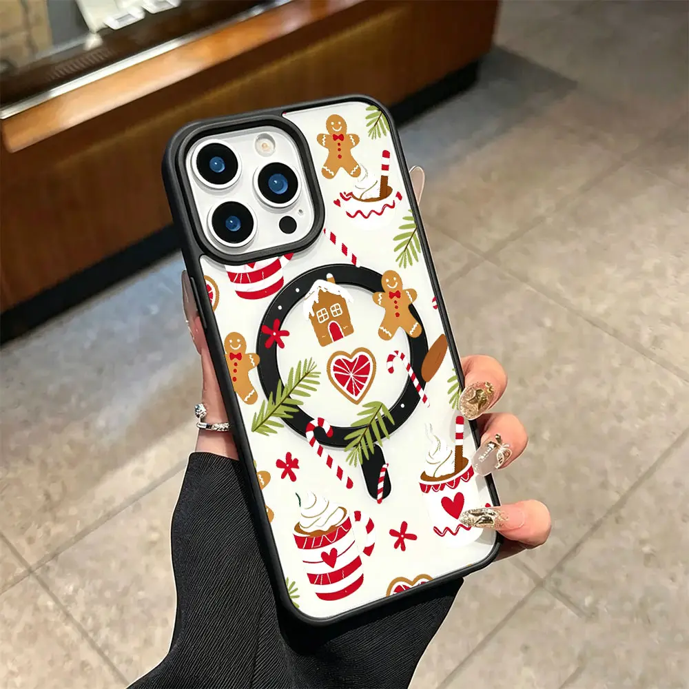 Gingerbread Hot Cocoa Xmas Seamless Phone Case, Cute Cartoon Winter Holiday Sticker Style for iPhone 17 16 15 14 13 12 11 Plus Pro Max, Warm Cozy Seasonal Gift