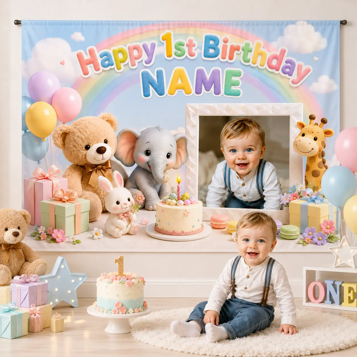 Personalized Safari Animal First Birthday Backdrop - Custom Name Photo Banner with Elephant, Giraffe, 1st Birthday Pastel Baby Party Decor