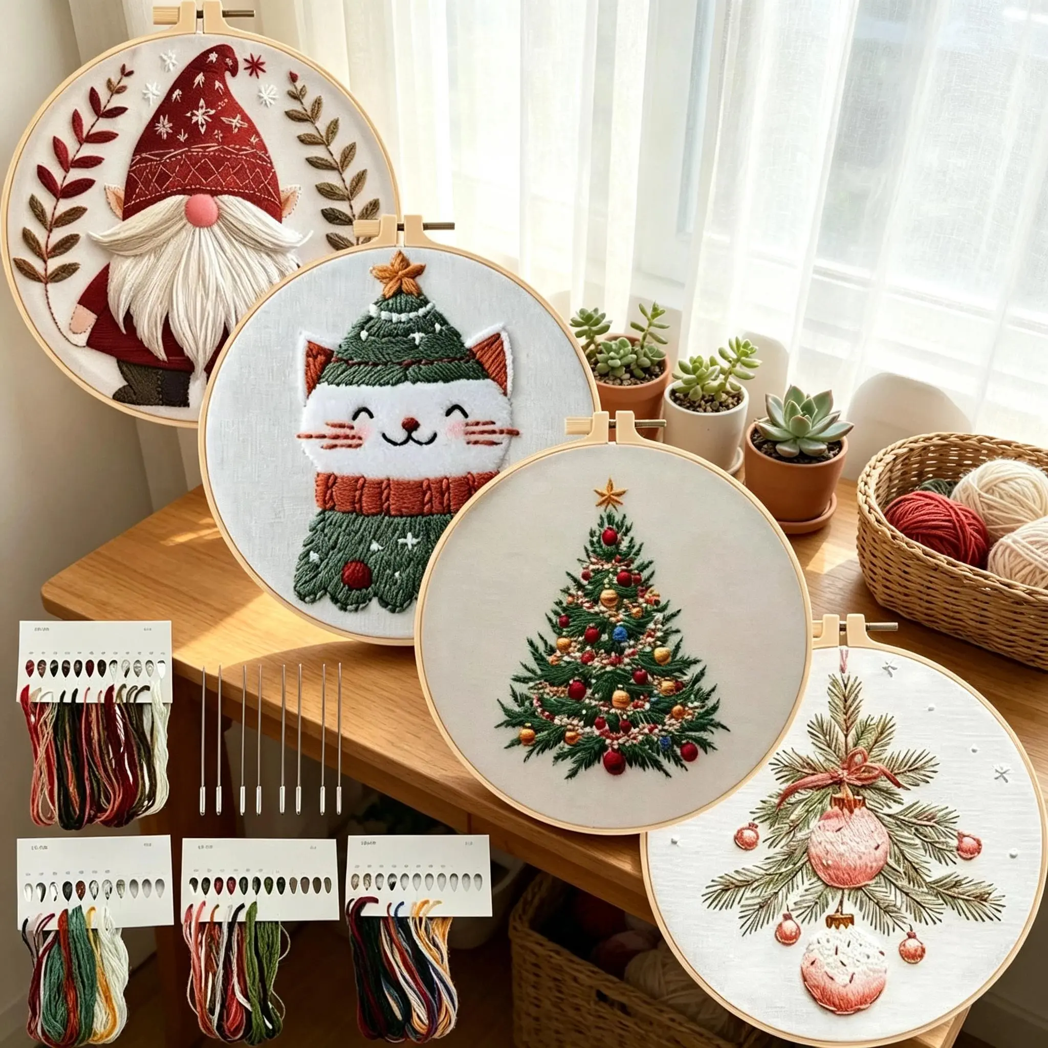 Christmas Embroidery Stitch Kit Beginner Handmade Handkerchief Needlework Craft Set with English Guide Holiday Home Decor Cross Stitch Gift