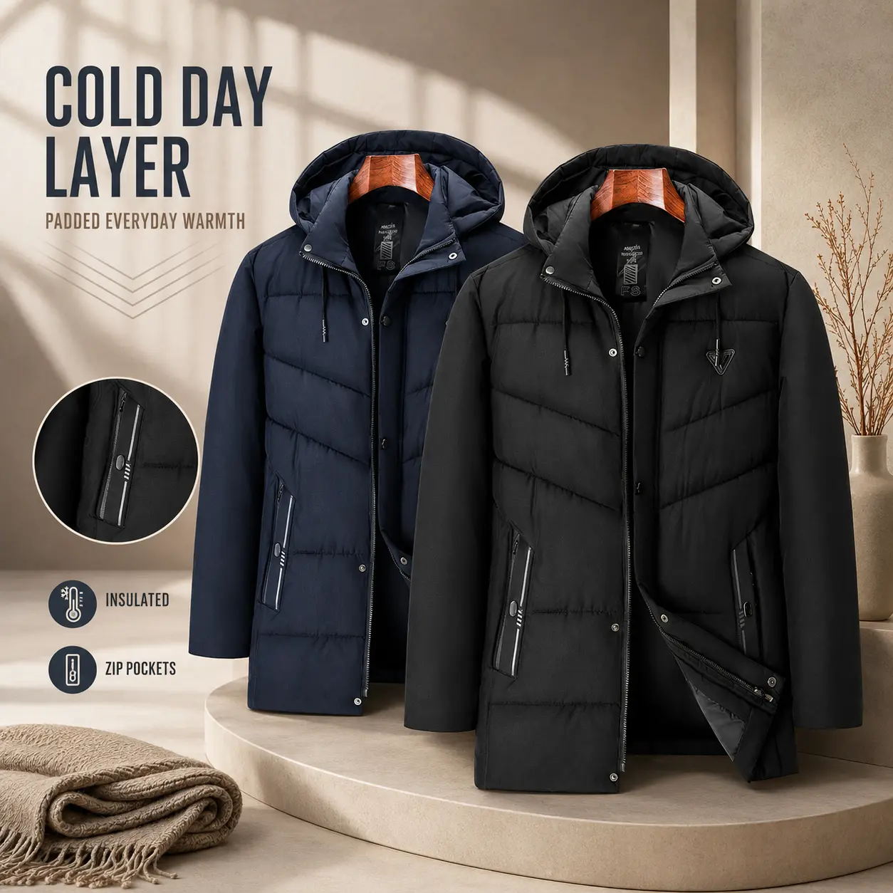 Men's Mid-Length Hooded Puffer Coat Windproof Warm Winter Jacket Zip Pocket Casual Outerwear