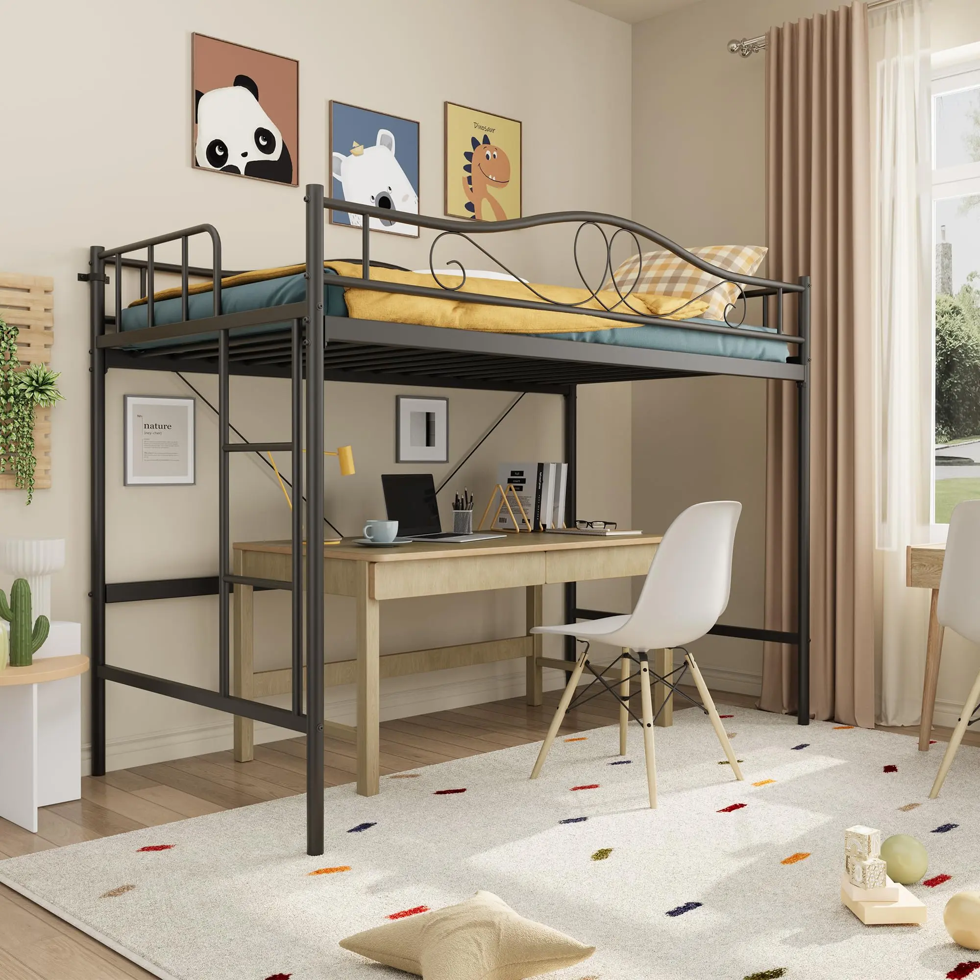 Heavy Duty Metal Twin Loft Bed with Ladder & Full Safety Guardrail, 400 Lbs Load Capacity, Space-Saving, Noise-Free, No Box Spring Needed