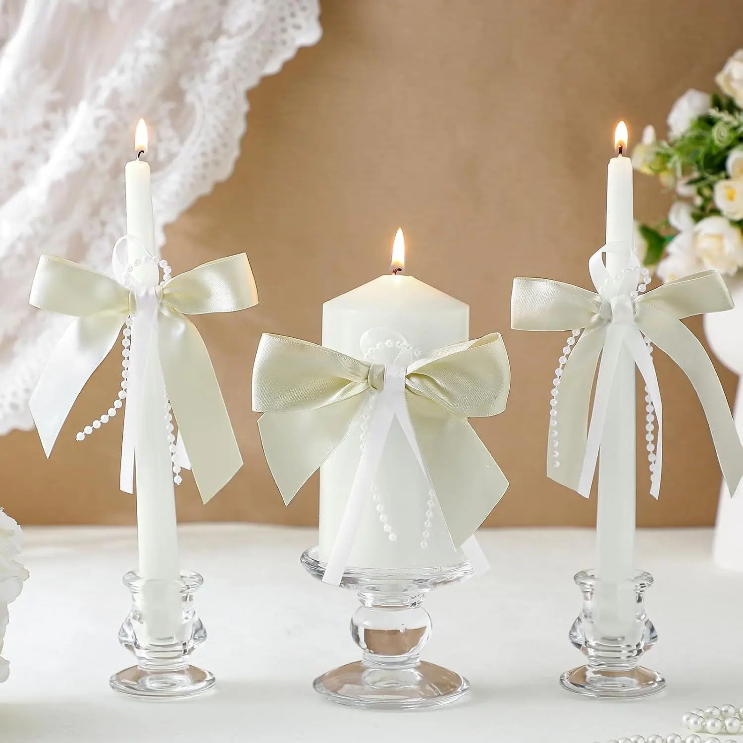 3 Pcs Unity Candles for Wedding with Satin Bow and Glass Candle Holder Coquette Unity Pillar and Taper Candles Set Wedding Ceremony Reception Decor for Formal Events Church(Ivory)