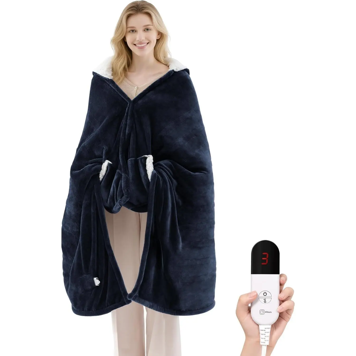 Heated Blanket Wearable Electric Blanket with  and Pockets, Heating Throw Blanket, Electric Heated Wrap Shawl with 6 Heating Levels Set & 4 Hours Auto Shut Off, Machine Washable(Short,Navy Blue)