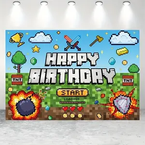 Pixel Style Game Happy Birthday Backdrop Party Background Cloth, Retro Arcade Tapestry Wall Hanging Photography Background Premium Polyester Fabric, Gaming Party Decor, Birthday Celebration Setup, Photo Booth Prop, Studio Event Decoration, Indoor Outdoor