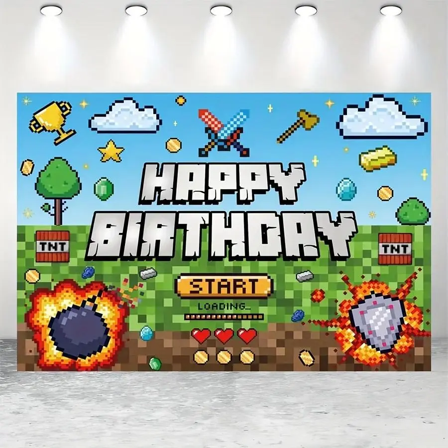 Pixel Style Game Happy Birthday Backdrop Party Background Cloth, Retro Arcade Tapestry Wall Hanging Photography Background Premium Polyester Fabric, Gaming Party Decor, Birthday Celebration Setup, Photo Booth Prop, Studio Event Decoration, Indoor Outdoor