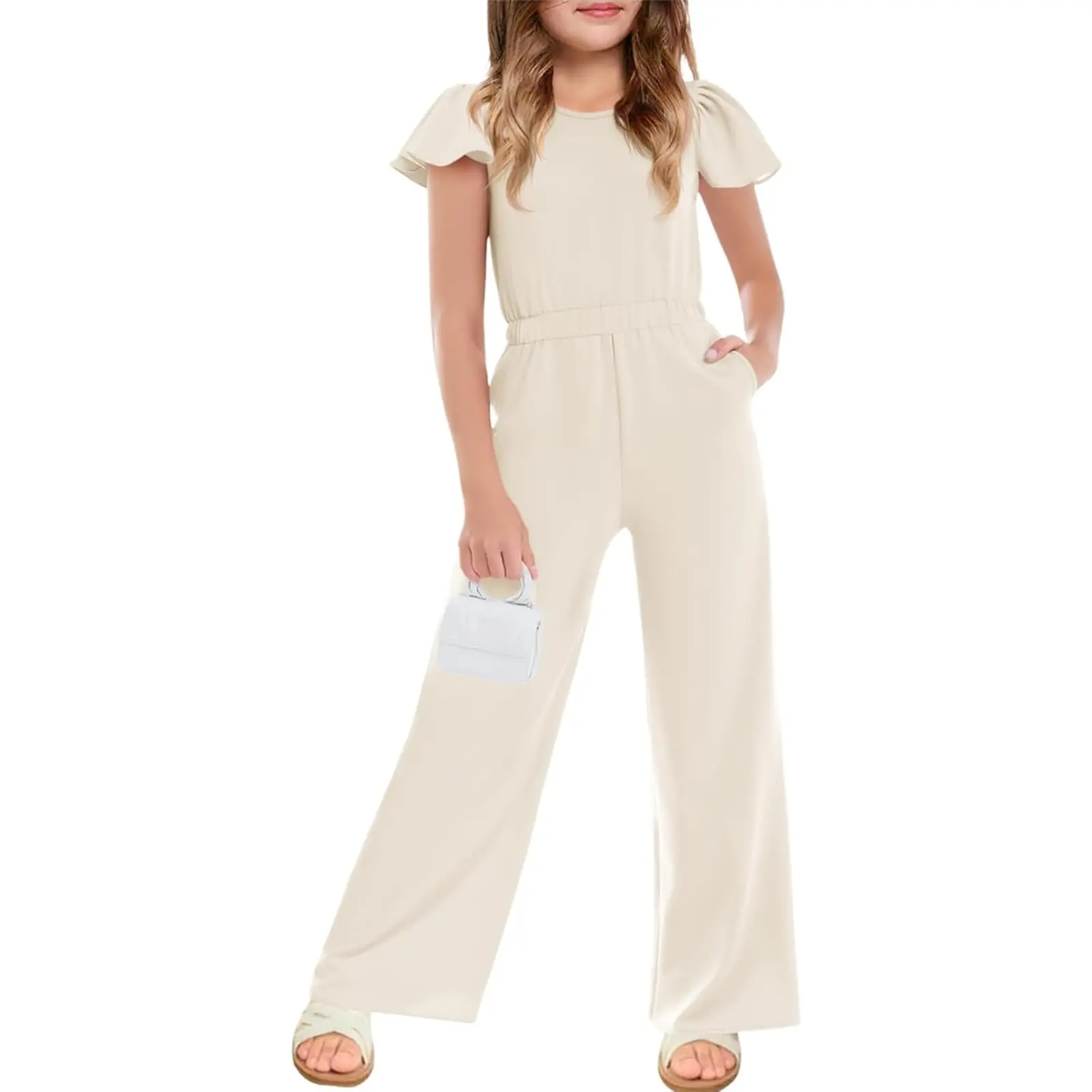 Haloumoning Girls Jumpsuits Ruffle Cap Sleeve Wide Leg Rompers 5-14 Years | Kids Fashion, One Piece Outfits, Short Sleeve, With Pockets
