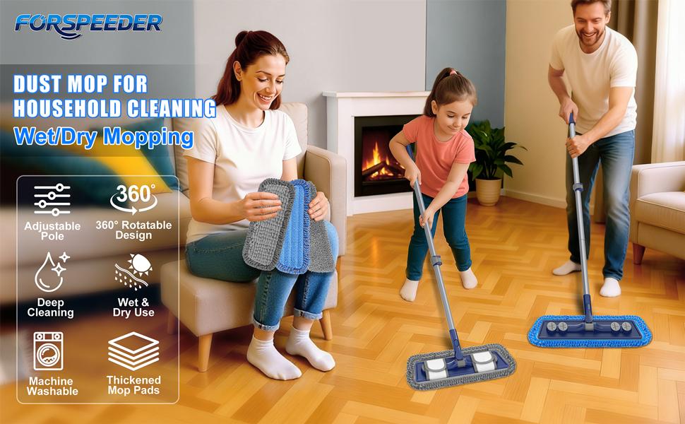 Microfiber Mops for Floor Cleaning - 3 Thickened Washable Pads - Floor Dusters for Hardwood with 55" Adjustable Handle - Wet Dry Dust Mop for Pet Hairs Walls Tile Wood Laminate Home Kitchen