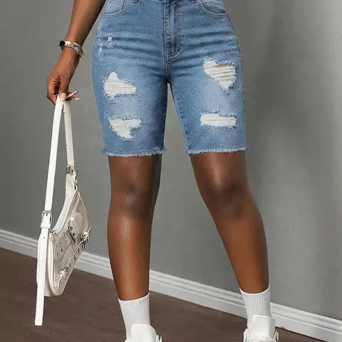 Women's Summer Denim High-Waisted Short Jeans, Highly Elastic Slim Fit Button Front Shorts, Washed Blue Ripped Design, Casual Womenswear