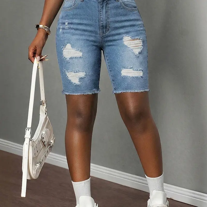 Women's Summer Denim High-Waisted Short Jeans, Highly Elastic Slim Fit Button Front Shorts, Washed Blue Ripped Design, Casual Womenswear