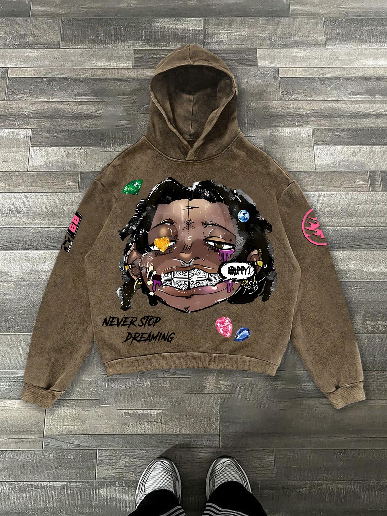 Men's Fashionable Street Character Print Hoodie, Loose Casual Long Sleeve Hooded Sweatshirt for Fall & Winter, Men's Clothes for Daily Wear