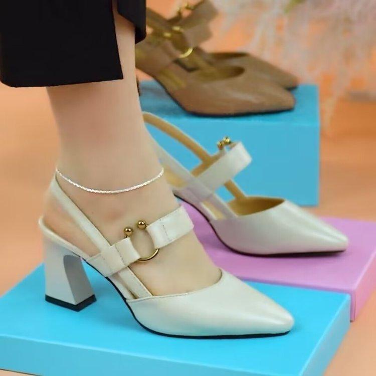 Women High Heeled Leather Wine Glass Heel Sandals Spring Summer Hollow Pointed Toe Stylish Elegant Mid Heel