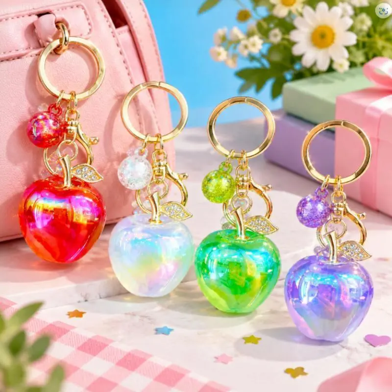 4 Pack Color Laser Apple Keychains  Cute Fruit Shape Bag Charms | Party Favors, Classroom Rewards & Surprise Sock Stuffers
