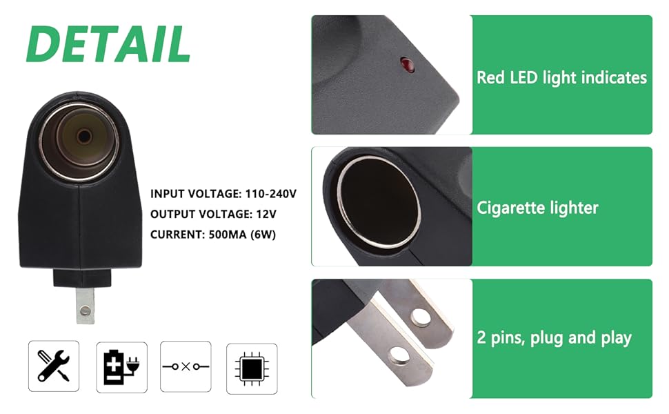 car cigarette lighter socket voltage Car Cigarette Lighter to Wall Outlet Adapter - Universal AC to DC Converter  - DC12V 500mA Cigarette Lighter Socket Adapter - Standard Power Inverters  for Vehicles