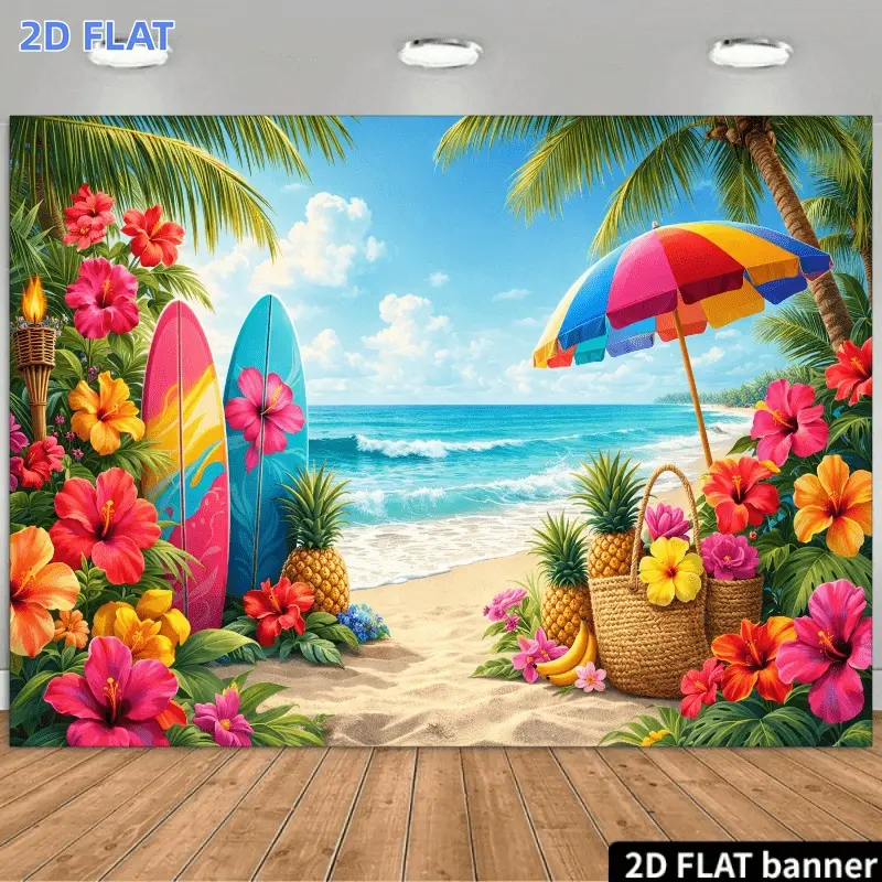 2D Flat Banner 1pc, Beach Backdrop with Palm Trees Surfboards & Hibiscus Flowers - Hawaiian Luau Party Decor Suitable for Weddings Birthdays Graduations - Durable Wall Hanging for Indoor/Outdoor No Power Required Multicolor Ocean