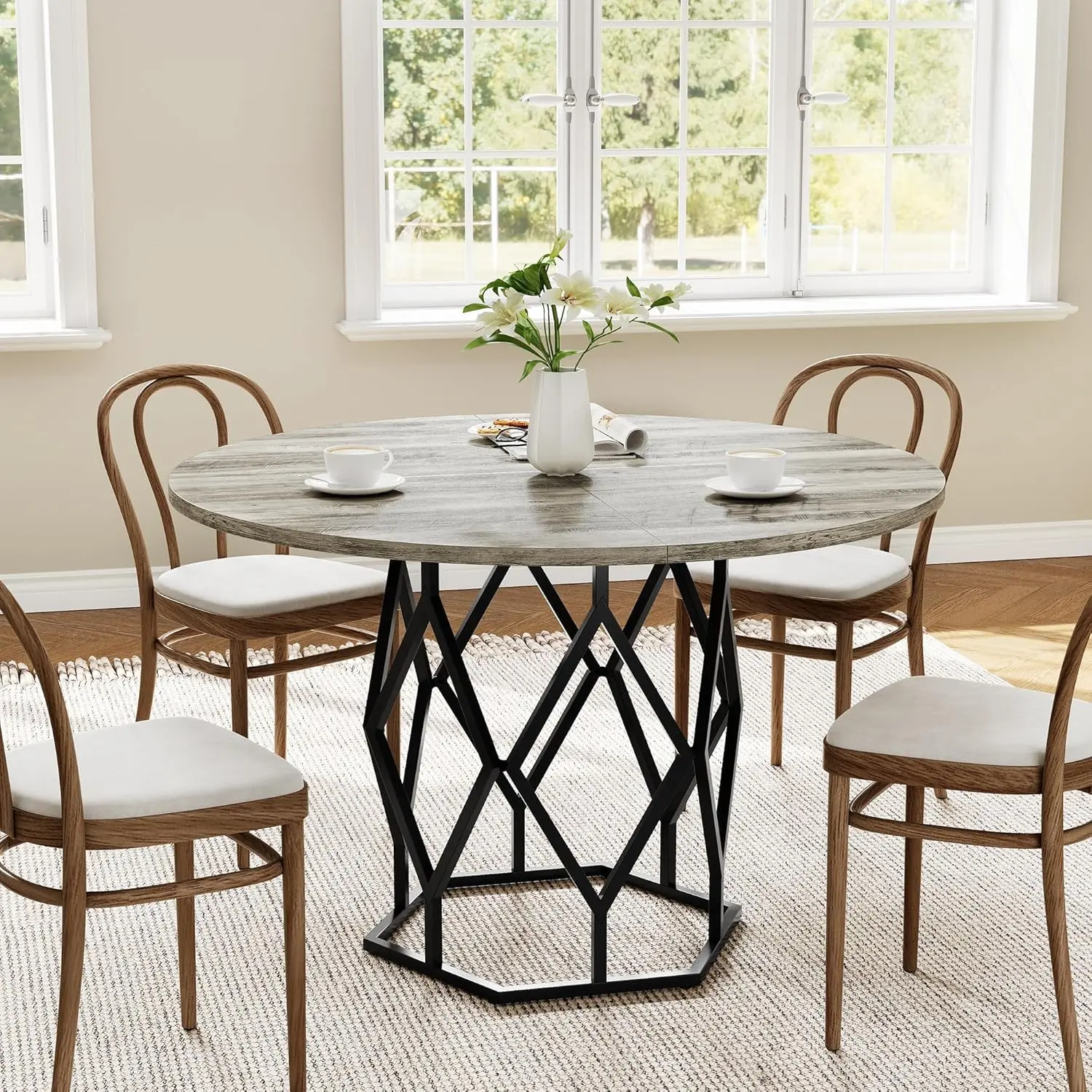 Garvee Round wooden table, 120 cm, for 4 to 6 people, dining table, kitchen, industrial metal table legs for dining room, kitchen and living room (120 x 120 x 76 cm, gray)