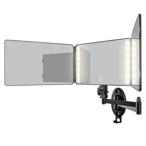 3 Way Mirror for Hair Cutting with LED Lighted, 360 Trifold with Height Adjustable Hooks, Rechargeable Wall Mounted Decor Makeup Mirror with Lights, Led Lit Mirror