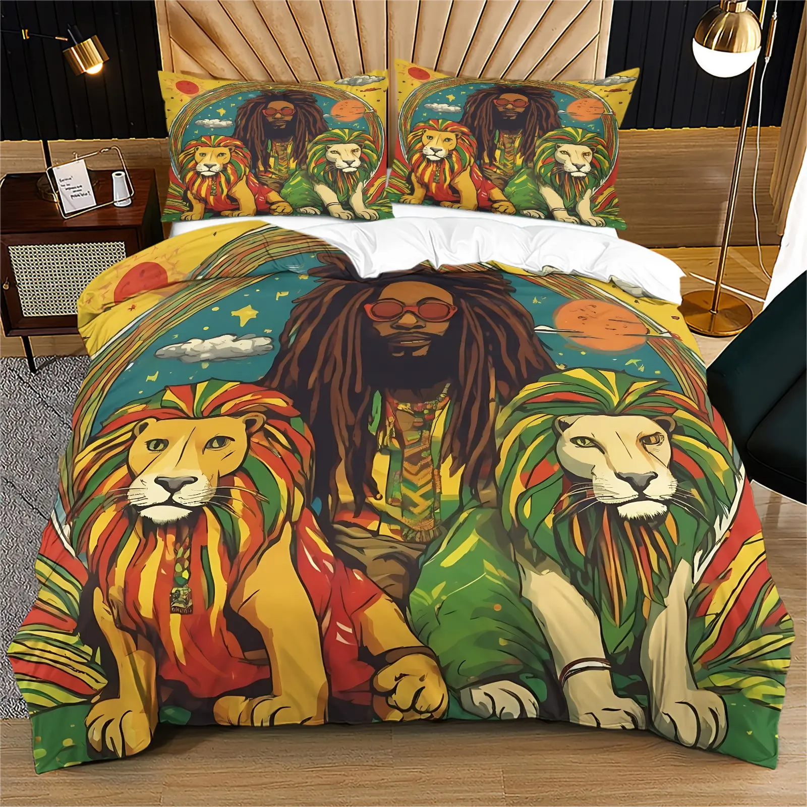 Rastafarian Reggae Man Duvet Cover Set, 2/3pcs Soft Microfiber Bedding, Caribbean Bohemian Style, Perfect for Hippie Bedrooms