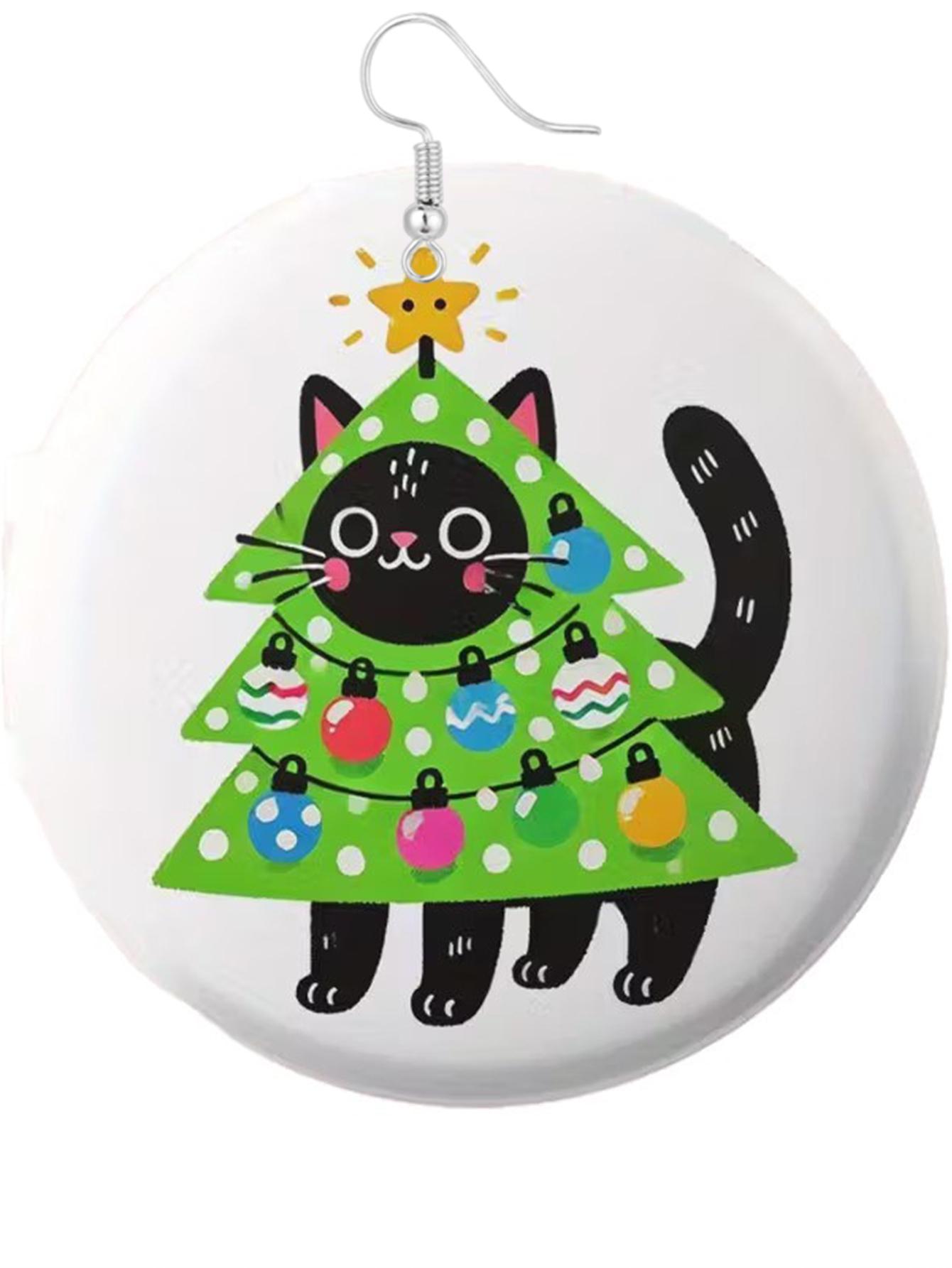 Black Cat Fun and Cute Christmas Earrings - Personalized Acrylic Earrings, Christmas Tree, Black Cat, Gingerbread Man Design Pen