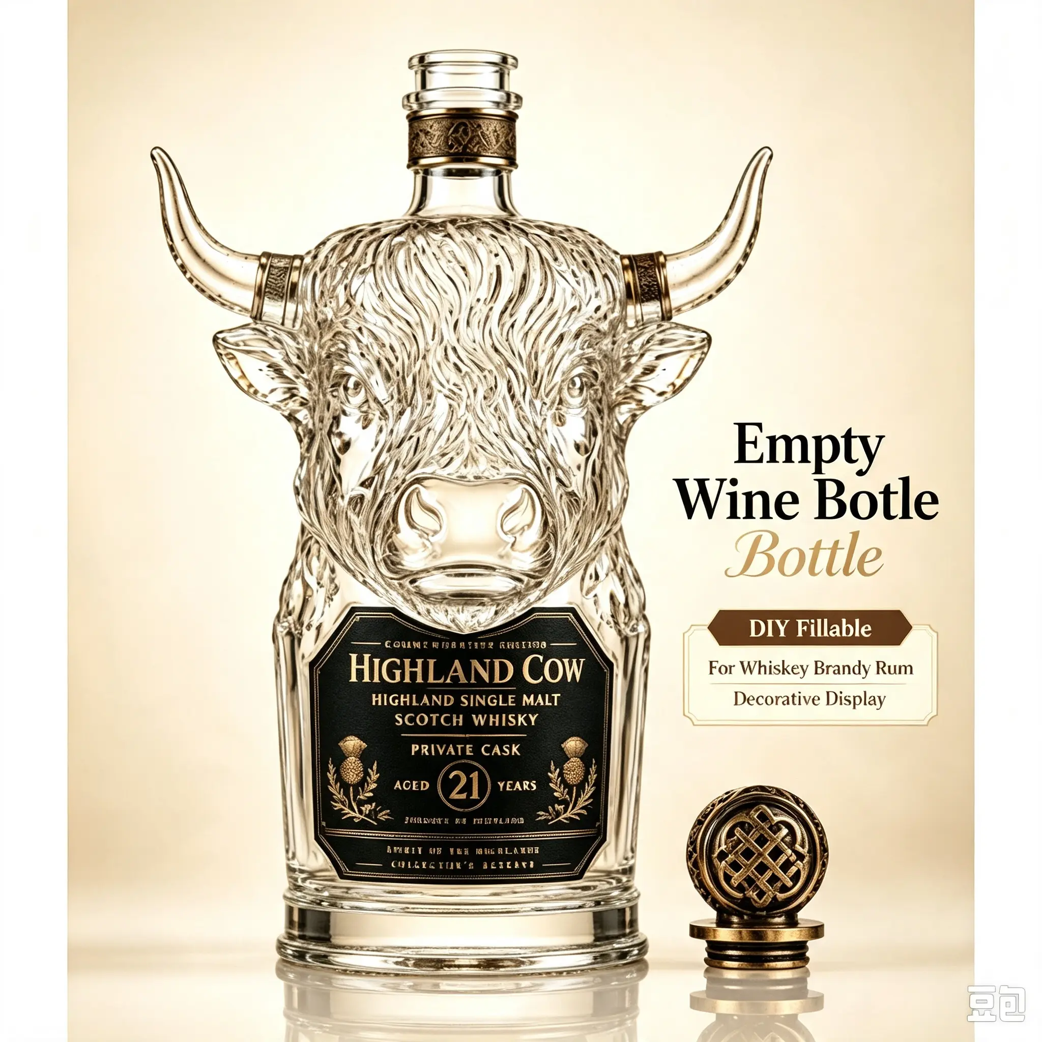 Highland Cow Head Shaped Whiskey Decanter, Vintage Embossed Glass Empty Wine Bottle With Metal Stopper, Decorative Ornament Gift For Whisky Lovers Bar Home Decor Unbreakable Dark Green Drinking Glasses angel shot glass cup bottle Insulated Rocks crystal