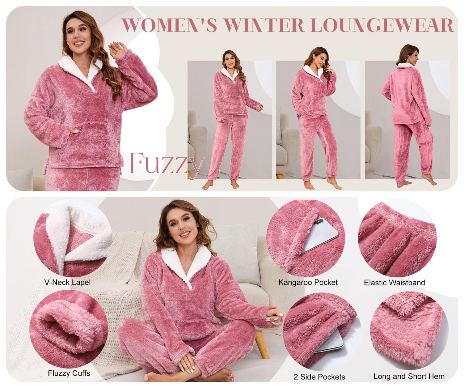 Women's Fluffy Pajama Set Fleece Pullover Pants Fuzzy Lounge Set Cozy Winter Pj Sleepwear with Pockets Long Sleeve Basic Matching Pajamas