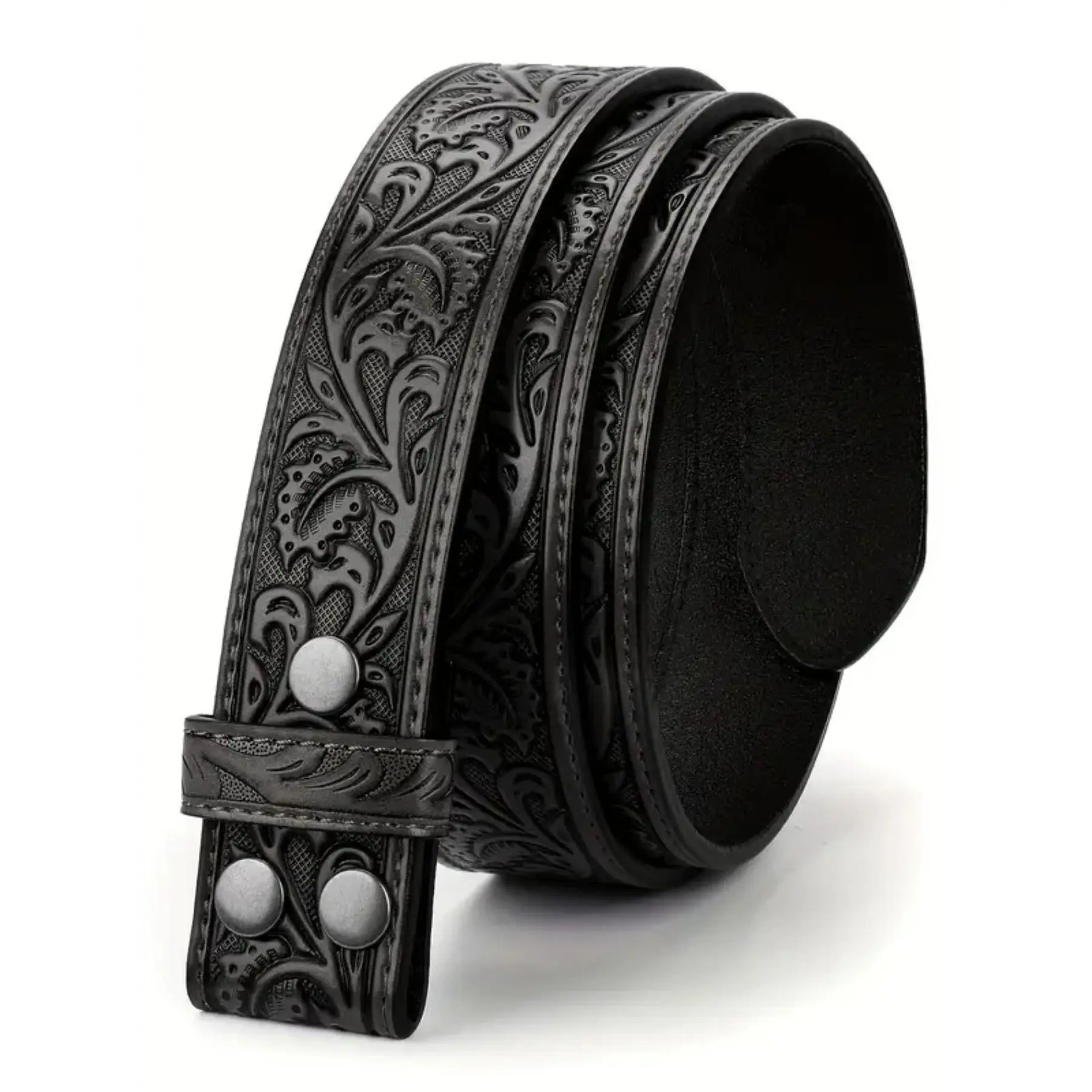 Western Tooled Leather Belt Strap 3 Snap Buttons Interchangeable Buckle Belt for Men Women
