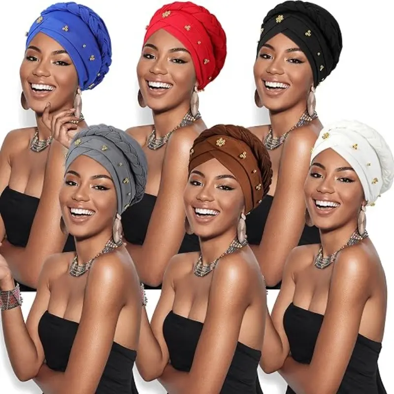 4Pieces Women African Turban Head Wraps Caps Twisted Braid Beaded Elastic Wrap Cap - Breathable Beaded Headbands, Solid Color Suitable for Head Wraps, Beanie Caps for Outdoor, Casual, Wedding,Gift-Giving, Year-Round Wear (Hand Wash Care)