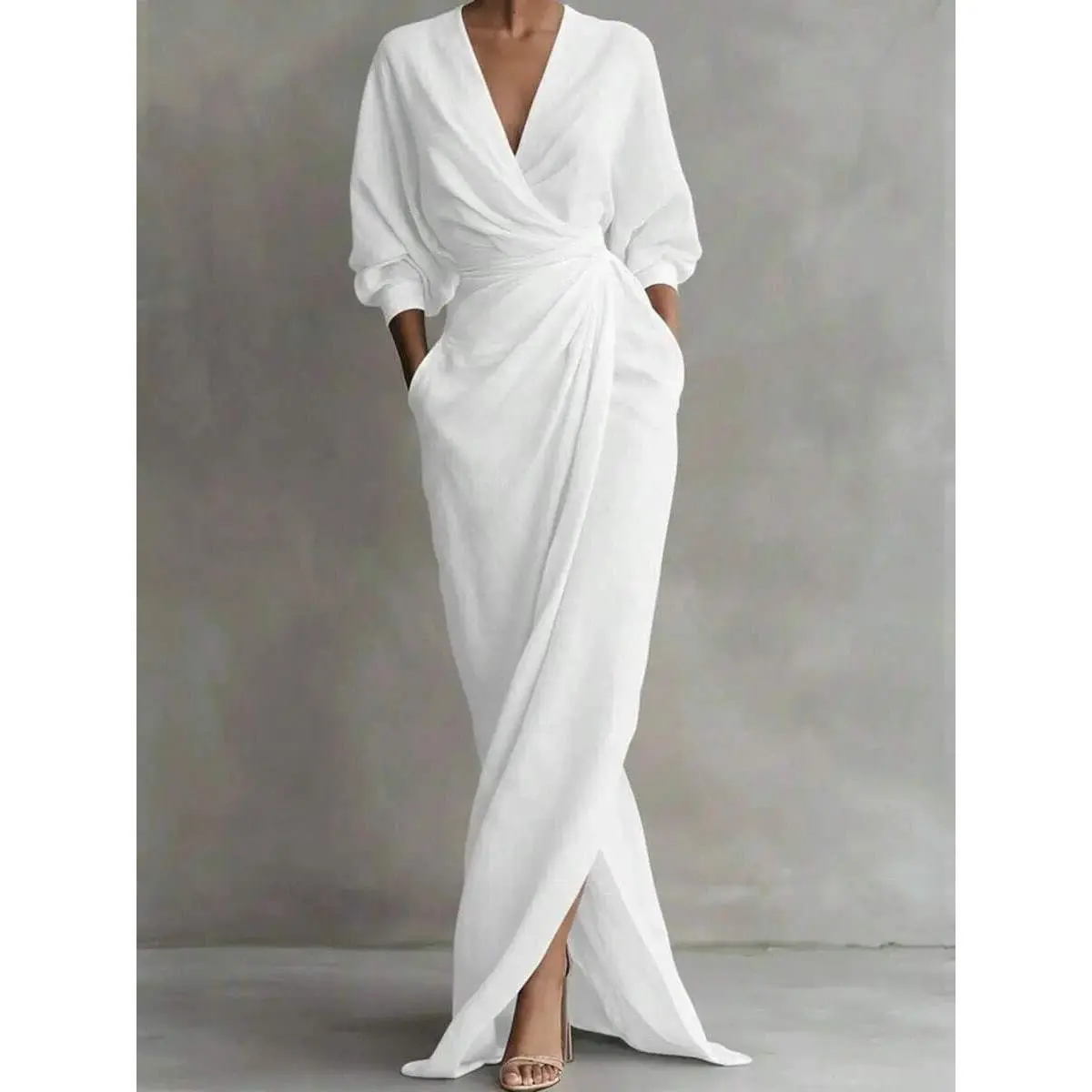 Women's Wrap V-Neck Draped Floor-Length Dress, Waist Tie Detail, Batwing Sleeves With Side Slit, Loose Silhouette Minimalist Casual For Semi-Formal
