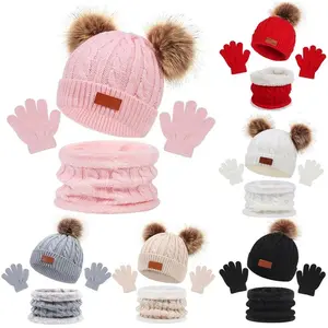 Christmas Baby Winter Hat Scarf Gloves Set Fur Ball Children Knitted Beanie Hat for Girls Boys Infant Bonnet Kids Cap 1-5Y