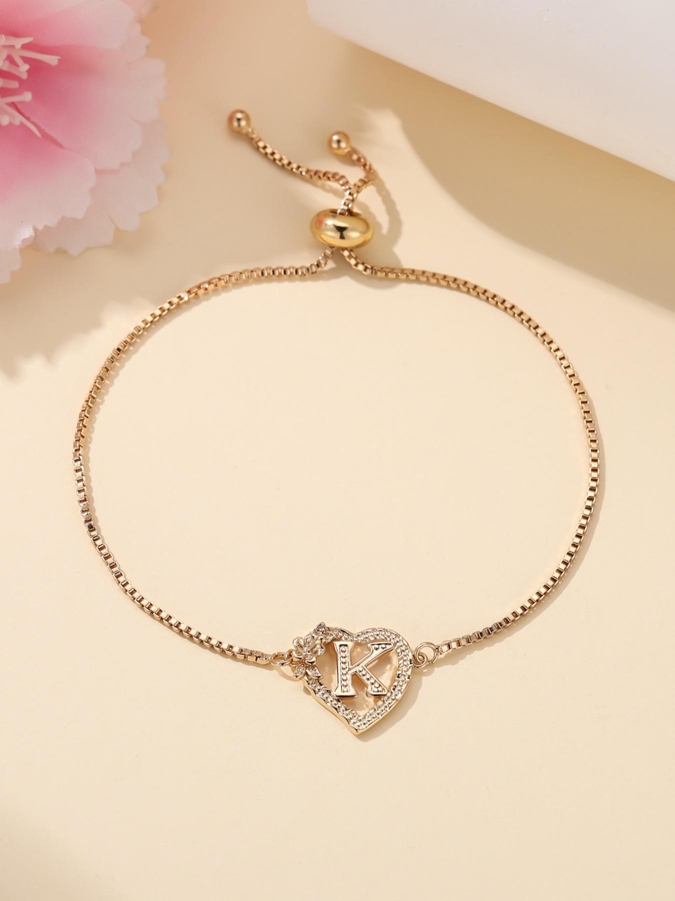 Women's Elegant Heart Design Initial Letter Charm Bracelet, Heart Shaped Bracelet, Exquisite Trendy Bracelet, Letter Link Bracelet for Women & Girls As Gift, Elegant Jewelry Bracelet