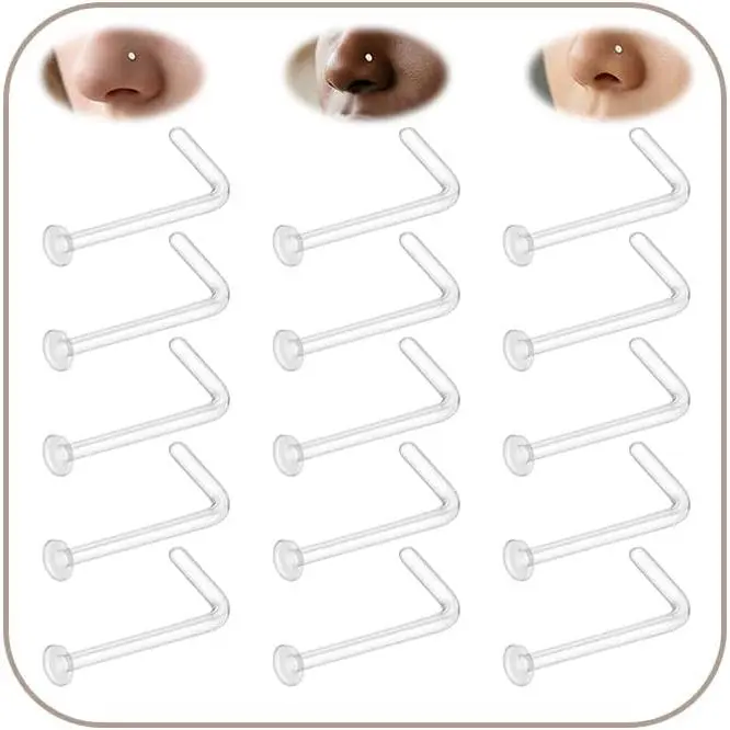 Clear Nose Stud L Shape 18G Plastic Nose Studs   for school Work Daily plastic Corkscrew invisible Nose Stud  Retainers flat  Bioflex Nose studs for women men Flat Top
