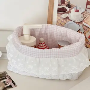Rustic Lace Trimmed Desktop Organizer Basket, Butterfly Knot Soft Pouch, Makeup Table Storage Bin, High Aesthetic, Foldable, Soft Material, Fabric Basket, Storage Baskets