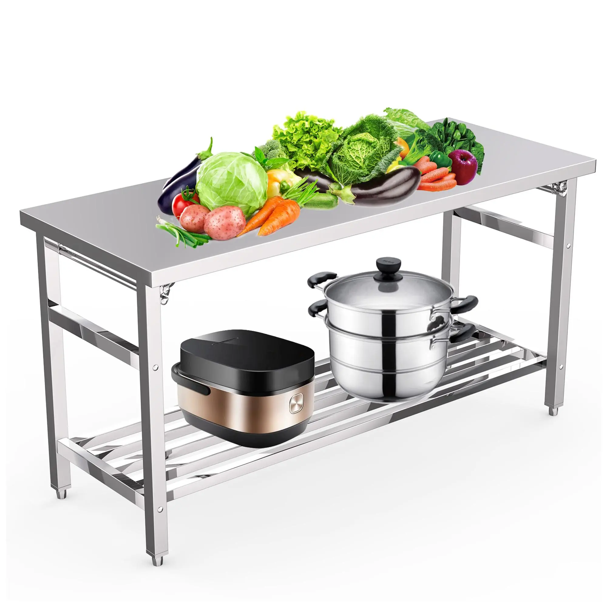 60" Stainless Steel Work Table with Adjustable Undershelf Collapsible Commercial Prep Table Heavy Duty Folding Metal Utility Table Workstation for Office Garage Kitchen Workshop Bar Warehouse 920lbs Capacity Anti-Rust