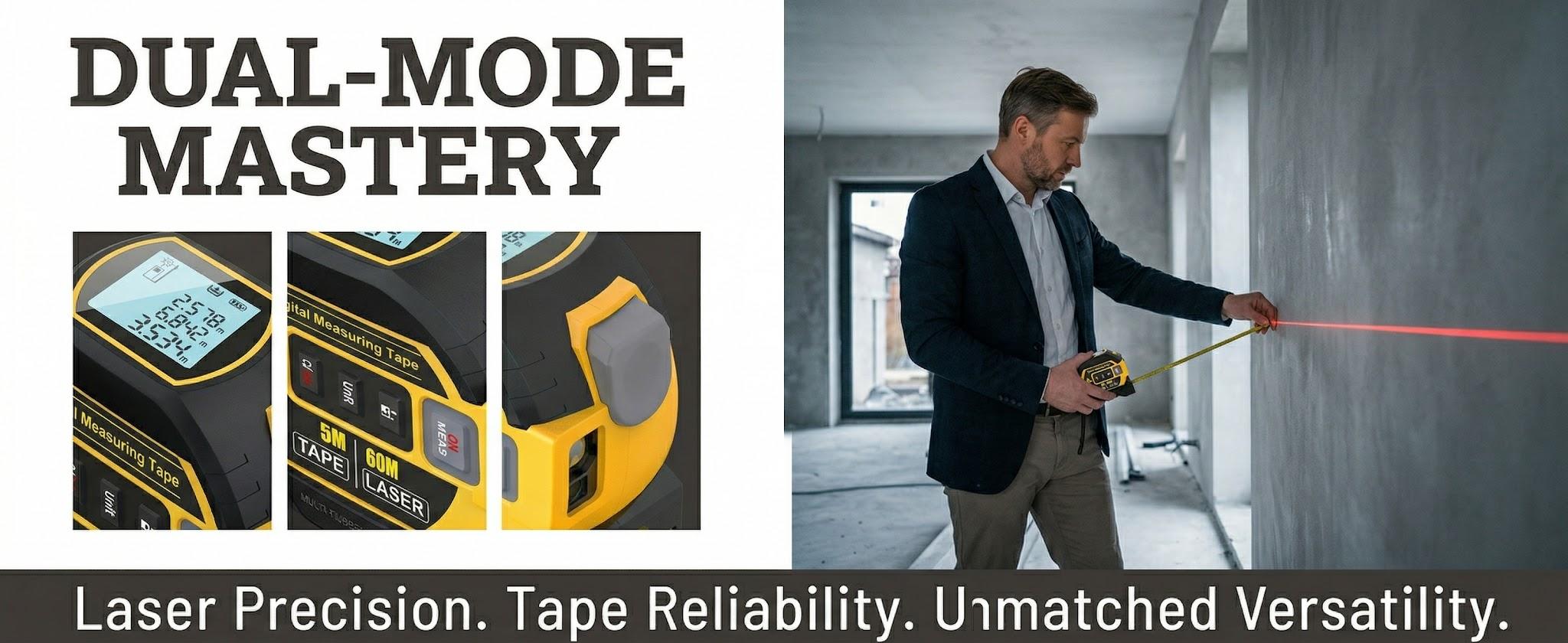 2-in-1 Laser Measuring Tool| 5m Self-Locking Tape + 40/50/60m Laser Distance Meter with LCD Display for Construction & Layout