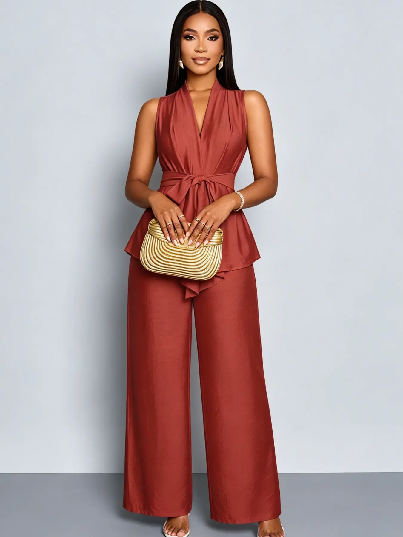 A women's fashion Elegant rust brown satin V-neck sleeveless wide-leg pants two-piece set, featuring a ruffled hem top paired with high-waisted wide-leg trousers, suitable for both indoor and outdoor commuting outfits
