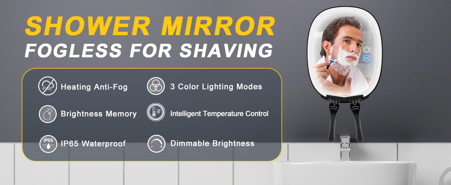 Shaving Mirror for Shower Fogless, Heated Anti-Fog Mirror with 3-Color Dimmable LED Lights, 360° & 2 Weeks Runtime 5000mAh, Shower Mirror for Shaving Men, 2 Razors Holders