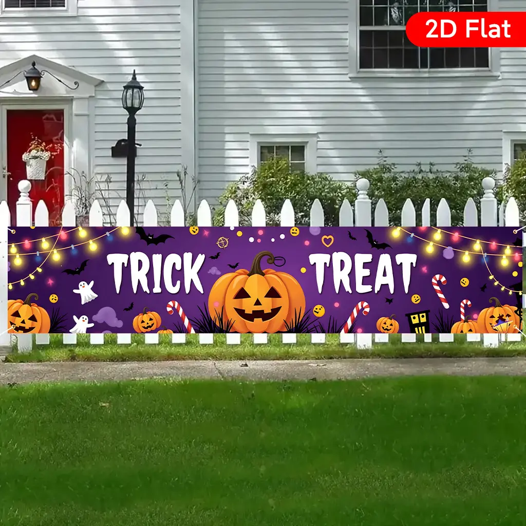 1Pcs 17.7x78.7IN 2D Flat Large Halloween Banner - Porch Fence Garden Yard Balcony Patio Door Backdrop - Durable Polyester with Pumpkin Bat Design - Indoor Outdoor Easy Hang Party Decor for Birthday Wedding Anniversary Fall