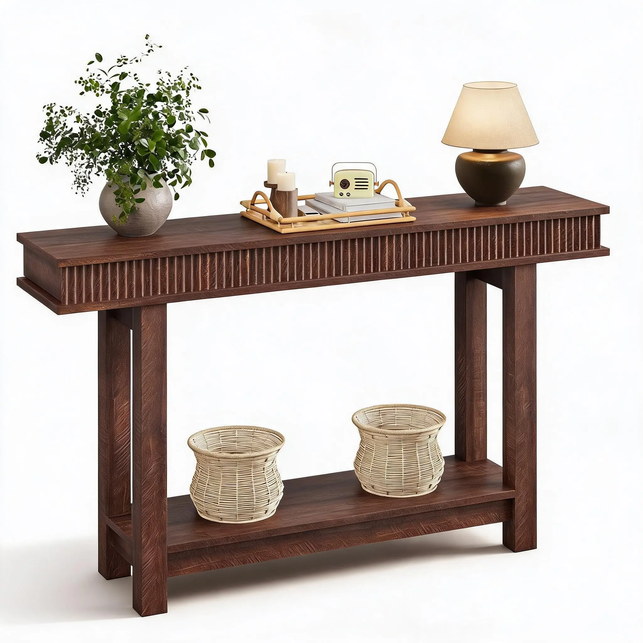 Farmhouse Fluted Edge Rectangular Console Table - 2-Tier Wooden Narrow Table with Shelf Storage, Ideal for Entryway, Living Room