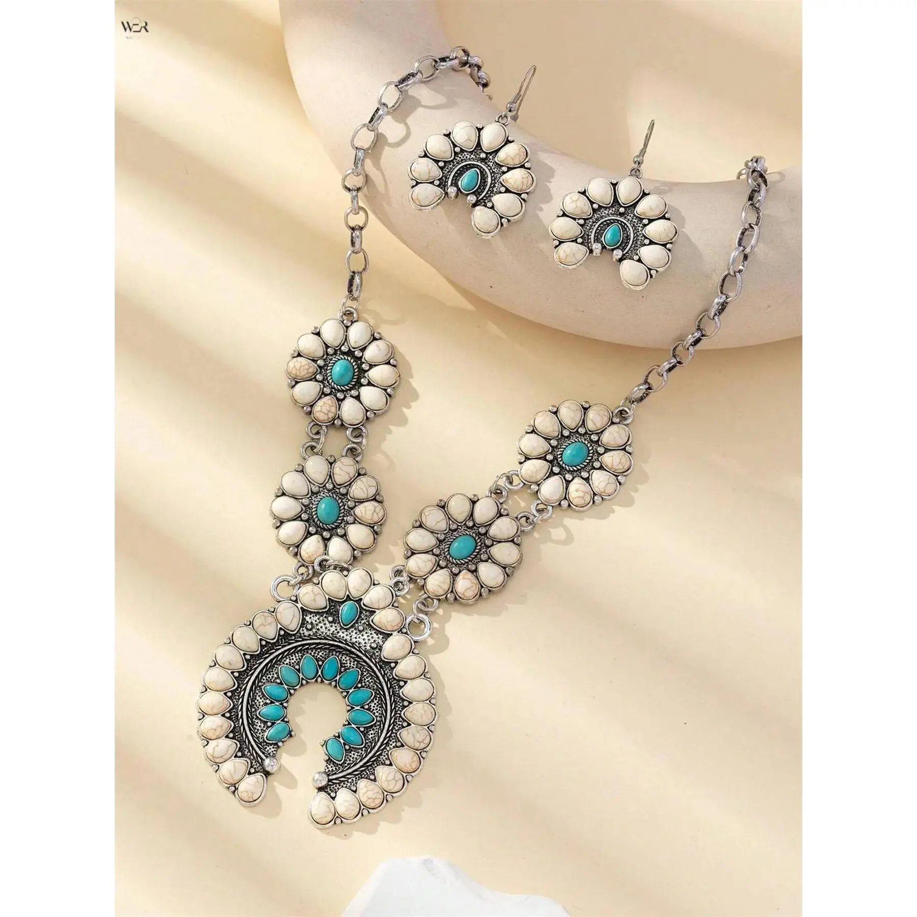 2 Tone Southwest Squash Blossom Jewelry Set, Vintage Turquoise/White Inlaid Statement Necklace & Drop Earrings, Western Bohemian Ethnic Costume Jewelry for Festival Outfits