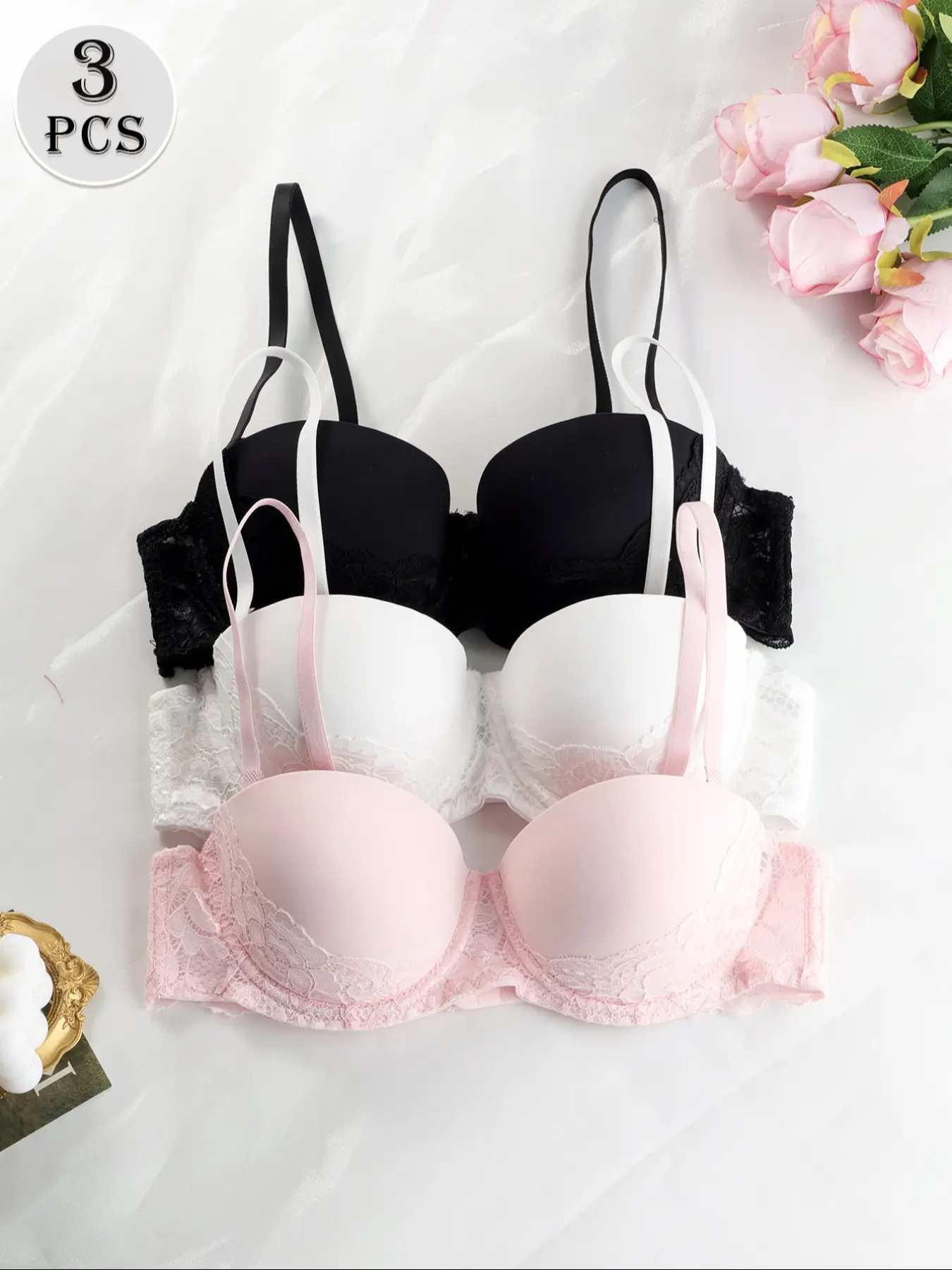 3-piece pack  Women's Floral Lace Unlined Underwire Bra, Demi Cup Balconette Bra with Adjustable Straps  Push-up bra, Comfy Bras, casual everyday wear, comfortable underwear, suitable for all seasons, women's clothing