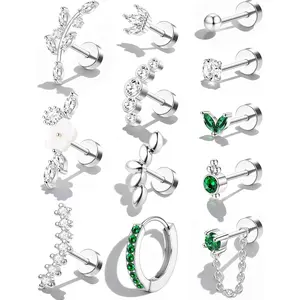 Sanfenly 16G Surgical Steel Cartilage Earrings, Flat Back Hypoallergenic Stud Hoop with CZ Dangle Chain, Stackable Piercing Jewelry for Daith Conch Tragus Helix, Single Piece for Women