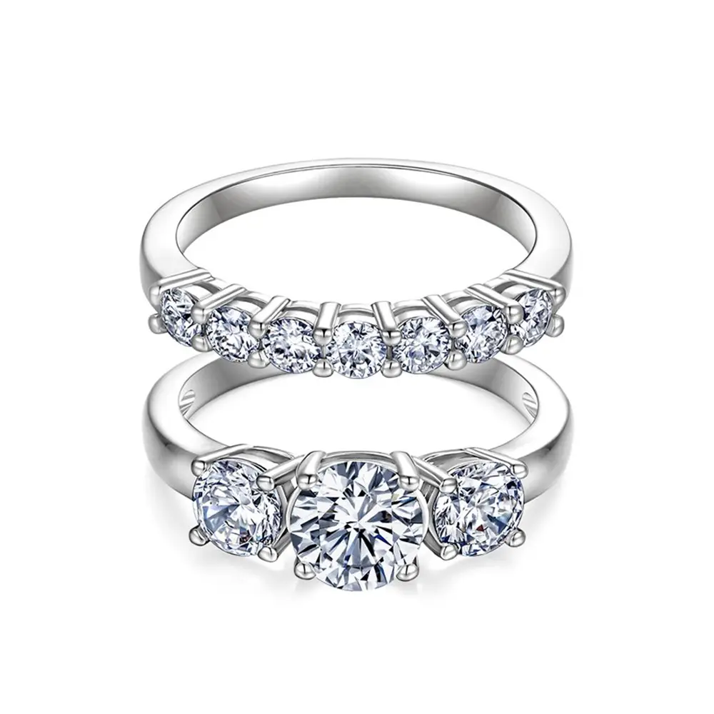 StarsGlowing Lab-Grown Moissanite Ring Set, 1CT 3-Stone & 0.7CT 7-Stone Stackable Wedding Band, 14K Gold-Plated & Silver-Plated Promise Finger Jewelry, Engagement Gift for Women, TS0016