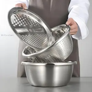 Stainless Steel Strainer Set, Includes Basin/sieve/cutter, Ideal for Washing Rice Fruits Vegetables Kitchen EssentialsDD17CoreComet