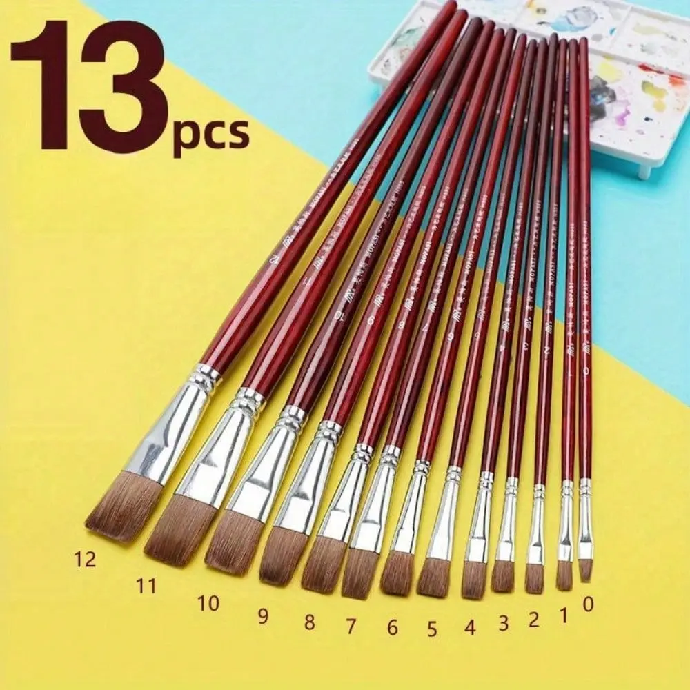 13Pcs Flat Tipped Art Paintbrush Set With Storage Container - Anti-Shedding Synthetic Nylon With Long Handle - Paint Brush For Watercolor, Acrylics, Ink, Gouache, Oil, Tempera