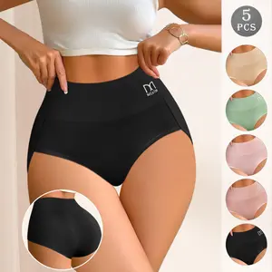 QUASTI Women's 5PCS High-Waisted Cotton Seamless Compression Briefs - Color Block Style, Soft Elastic Comfortable Fabric, Tummy Control, Hip Lifting, Anti-Ride Up, Breathable, S-XXL, Elegant