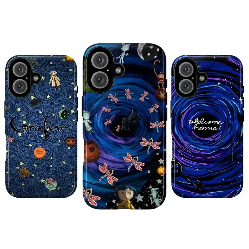 Whimsical Girl Phone Case for iPhone ProMax Plus Air,Creepy Cute Button Eye & Black Cat, Blue Night Sky, Spooky Galaxy, Creepy Cute Gift for Friends Dark Fantasy Movie
