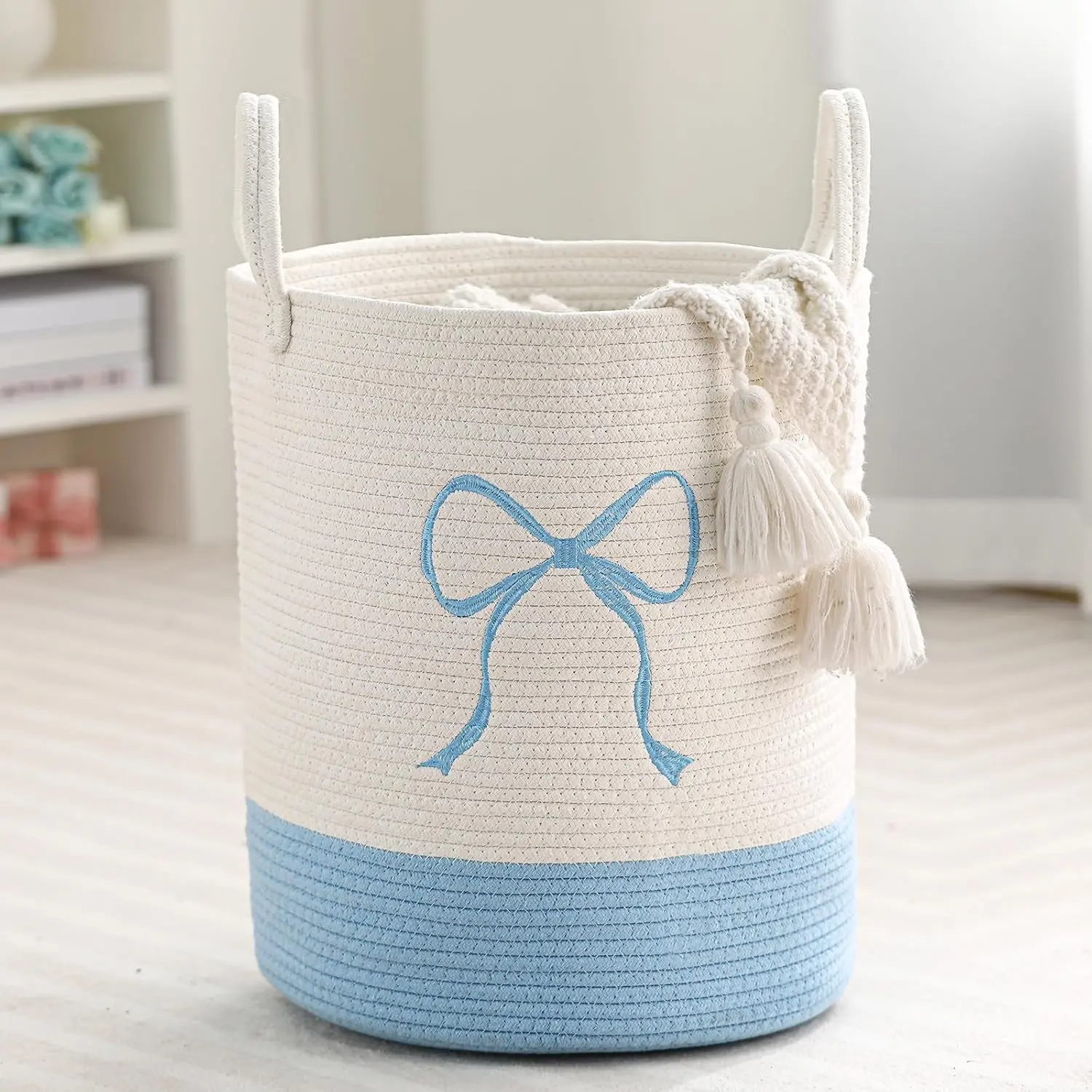 Blue Coquette Bow Cotton Rope Hamper Basket, 15x17.7 In Large Size Room Storage for Teens Girls, Ideal for Blanket, Toy, Clothes Organization