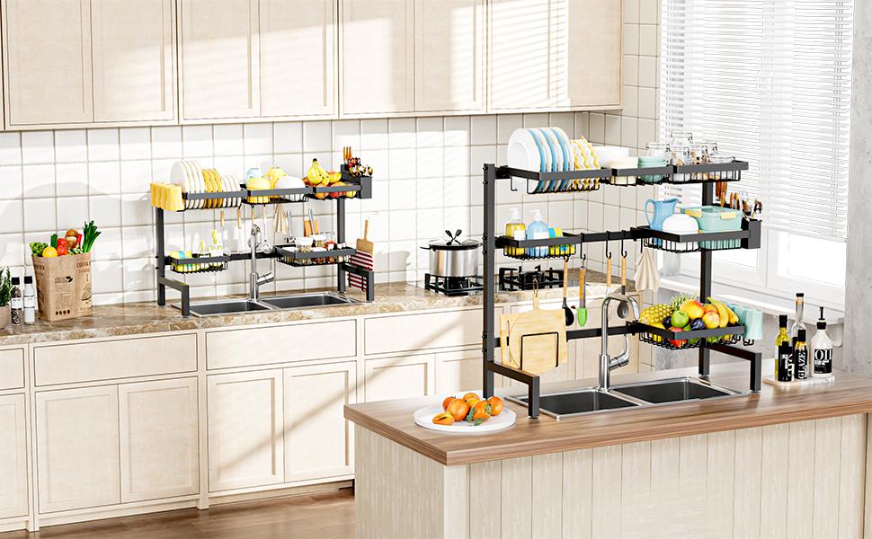 3 Tiers 6 Baskets Over The Sink Dish Drying Rack Extendable (24.8 "-35.4"), Large Dish Drying Rack, Kitchen Cutlery Drainer Metal Storage Counter Rack